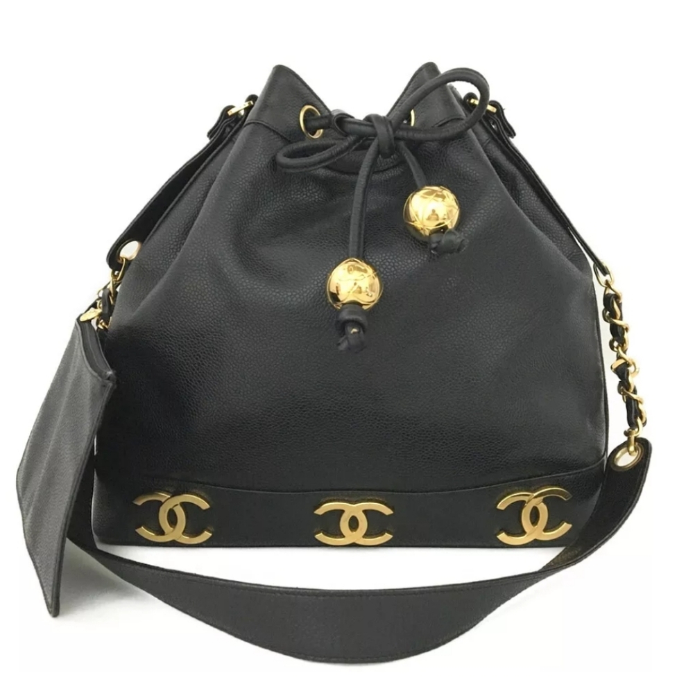 CHANEL Black Triple Coco CC Logo Cavier Leather Drawstring Shoulder Bag